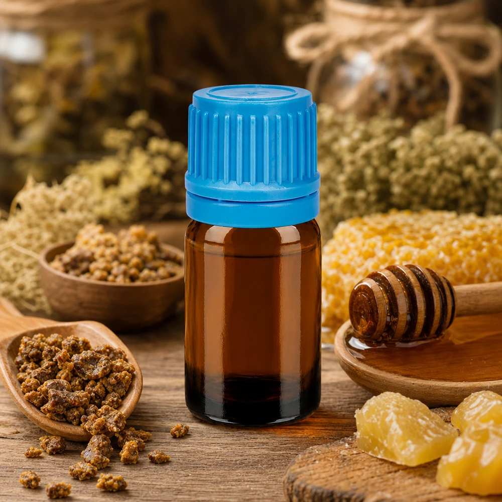 Kompakti 5ml meripihkanvärinen lasipullo, jossa sininen korkki, sopii täydellisesti homeopatiaan ja naturopatiaan.