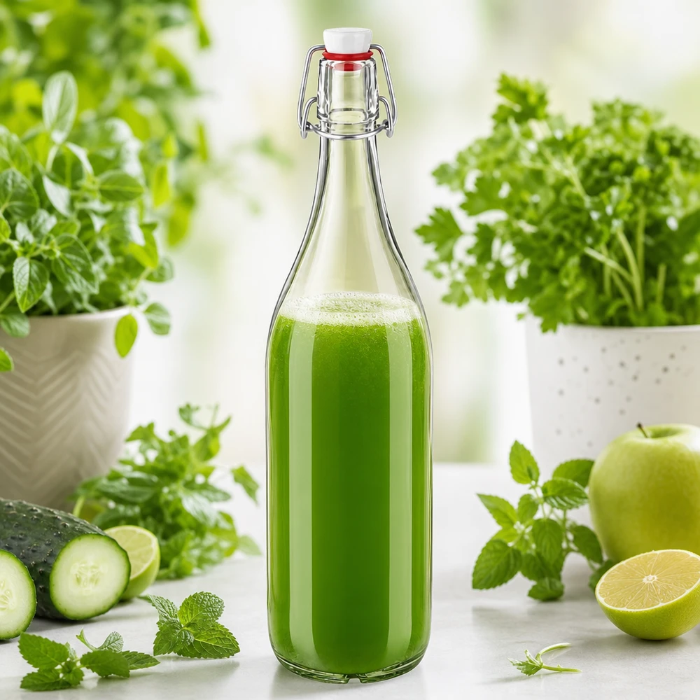 1000ml lasipullo PVC swing top täynnä vihreää smoothieta, jota ympäröivät tuoreet yrtit ja vihannekset.