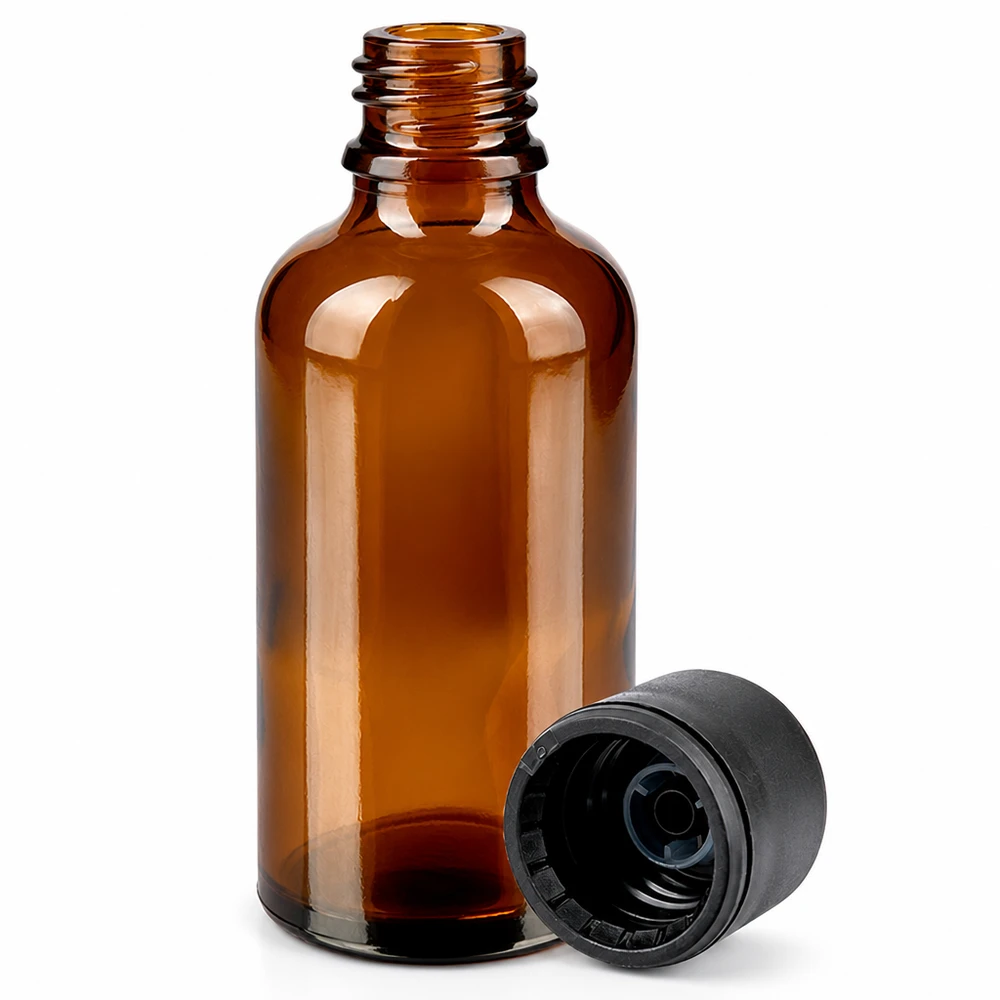 30ml pullo 6mm kierrekorkki musta Standard BrownLine UT18/30 Standard BrownLine UT18/30 Meripihkanvärinen 30 ml:n lasipullo mustalla korkilla - ihanteellinen valolle herkille nesteille.