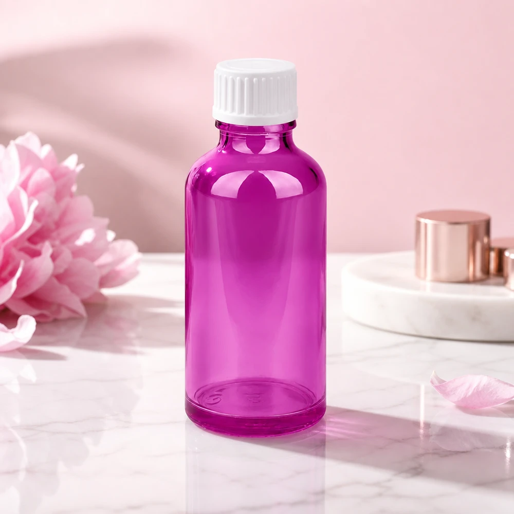 50ml (pallopullo) pullo 3mm kaaderengas valkoinen Standard PurpleLine. UT18/50 Laadukas 50ml lasipullo 18mm kierteellä, läpinäkyvä violetti kosmetiikkasovelluksiin.