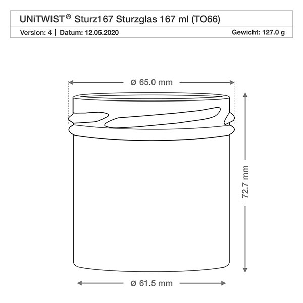 167ml juomapullot ilman kantta (TO66) UNiTWIST UNiTWIST Sturz167 Sturzglas 167ml TO66 tekninen piirustus mitat halkaisija 65mm korkeus 72,7mm paino 127g