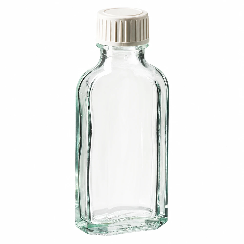 50 ml Meplat kirkas kierrekorkki, jossa on PE-vaahtomuovia sisältävä sisäkkäin 50 ml:n Meplat-lasipullo, kirkas, valkoisella kierrekorkilla ja PE-vaahtomuovisisäkkeellä