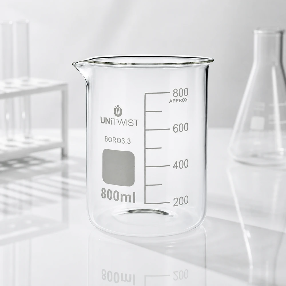 800 ml borosilikaattilasi, matala muotti UNiTWIST Tyhjä UNiTWIST-lasikulho 800 ml, borosilikaattilasia 3.3, matala malli, ml-asteikko valkoisella pohjalla