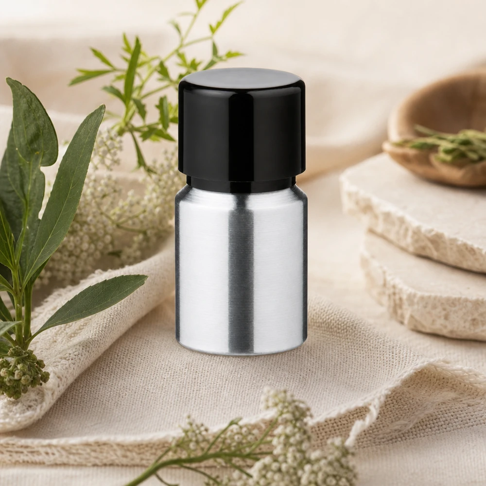 10 ml kiillotettu alumiinipullo, jossa on kierrekorkki 10ml alumiinipullo, jossa on satiinipinta ja musta kierrekorkki liikkuviin sovelluksiin.