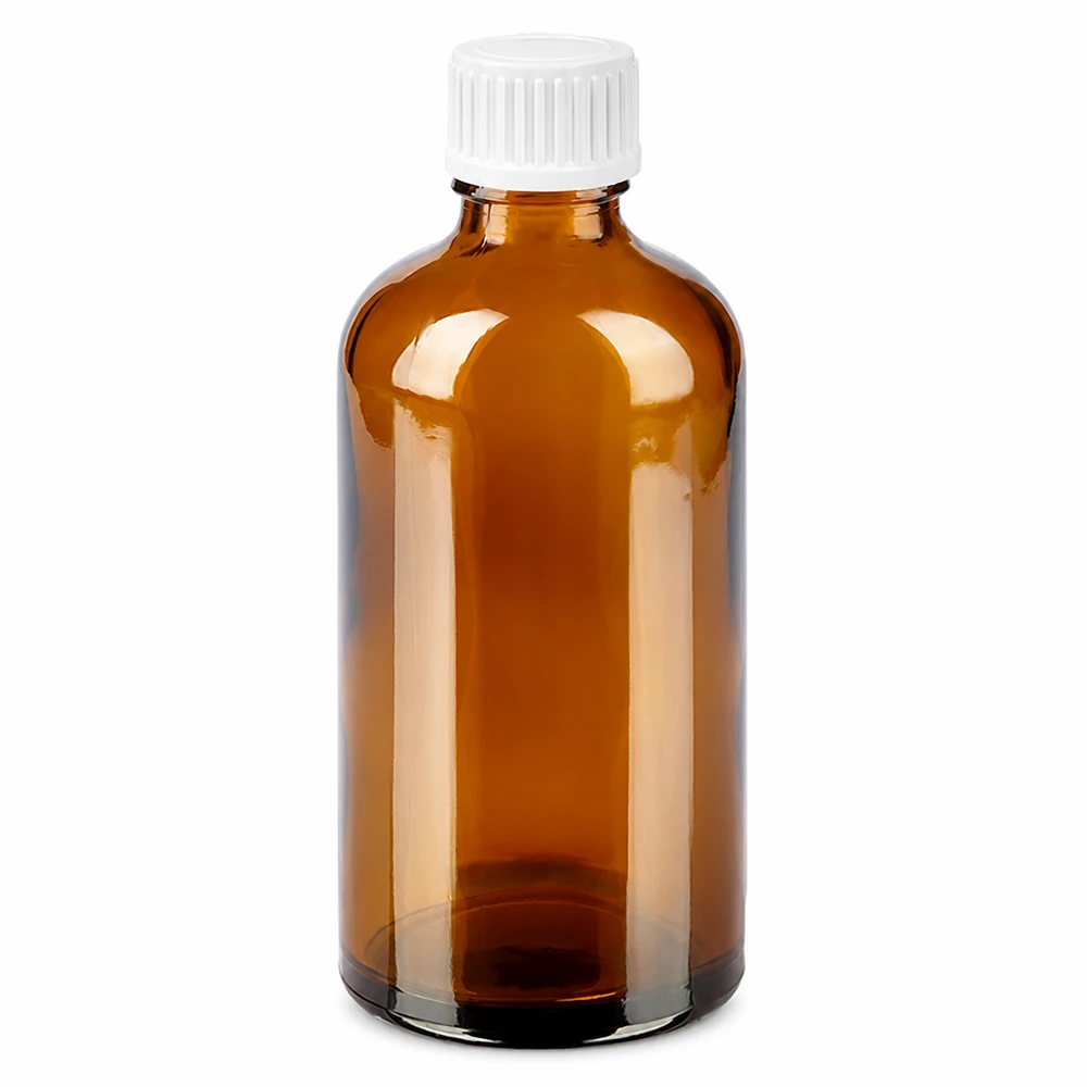 100ml tippapullo 0.9mm valkoinen vakiokorkki BrownLine UT18/100 100ml meripihkanvärinen lasinen tippapullo, jossa on valkoinen korkki tarkkaa annostelua varten.