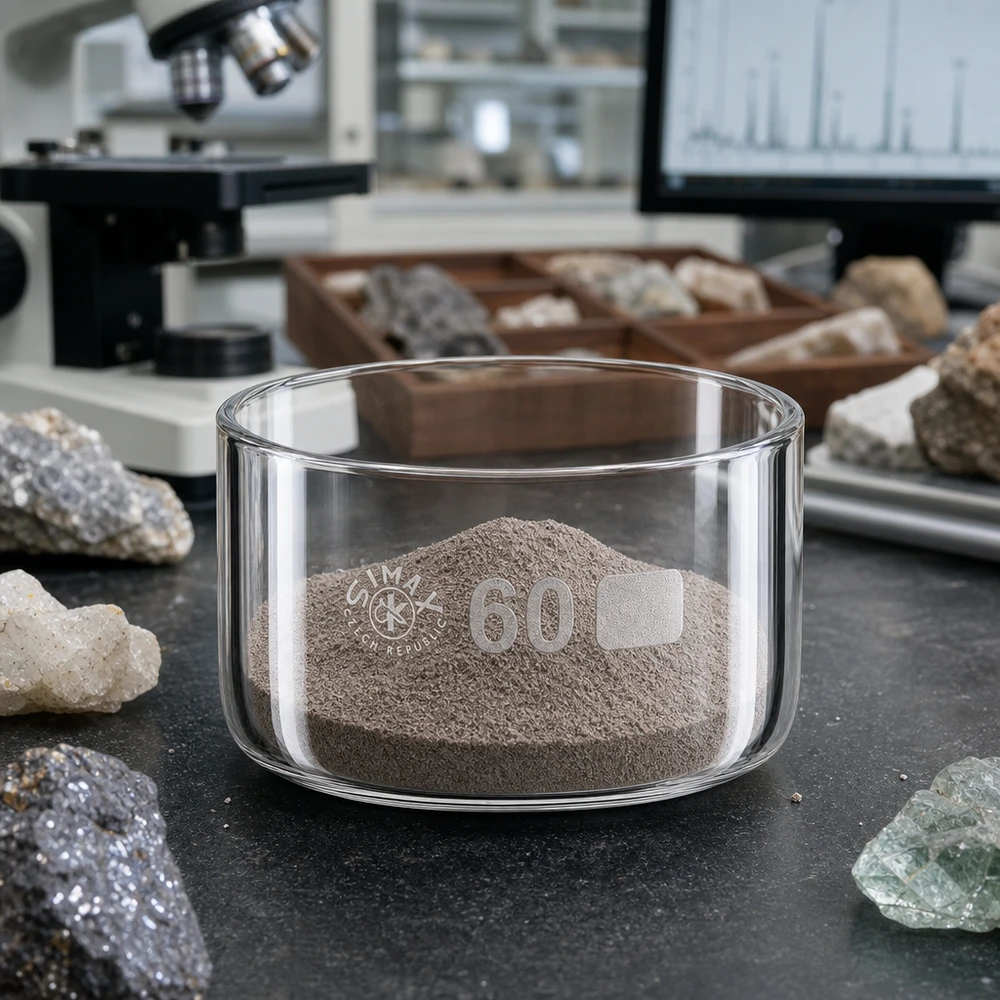 60ml kiteytysastia ilman kantta borosilikaatti ø60mm 60 ml:n kiteytysastia, jossa on hienoa mineraalijauhetta, tummalla laboratoriopinnalla, kivinäytteiden ympäröimänä