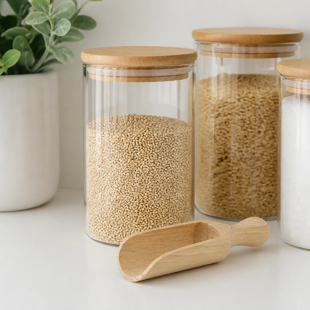 Puulapio koko M puoliympyrän muotoinen - 140mm pitkä. Holzschaufel M 14cm mit Vorratsgläsern und Quinoa in moderner Küche - praktisches Küchenhelfer-Styling