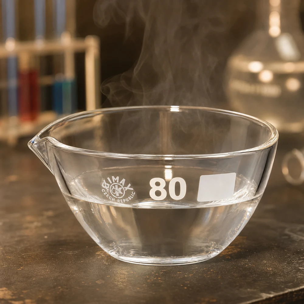 Lämmönkestävä borsilikaattihaihdutusastia 90 ml, jossa on nokka tarkkoihin laboratoriosovelluksiin.