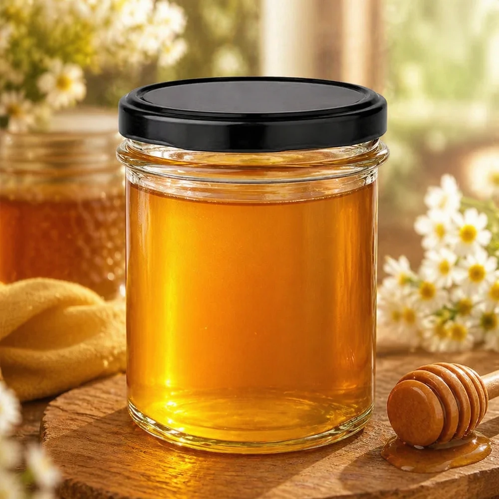 230ml juomalasit mustalla kannella täynnä kultaista hunajaa hunaja lusikan vieressä puulauta luonnollinen koristelu
