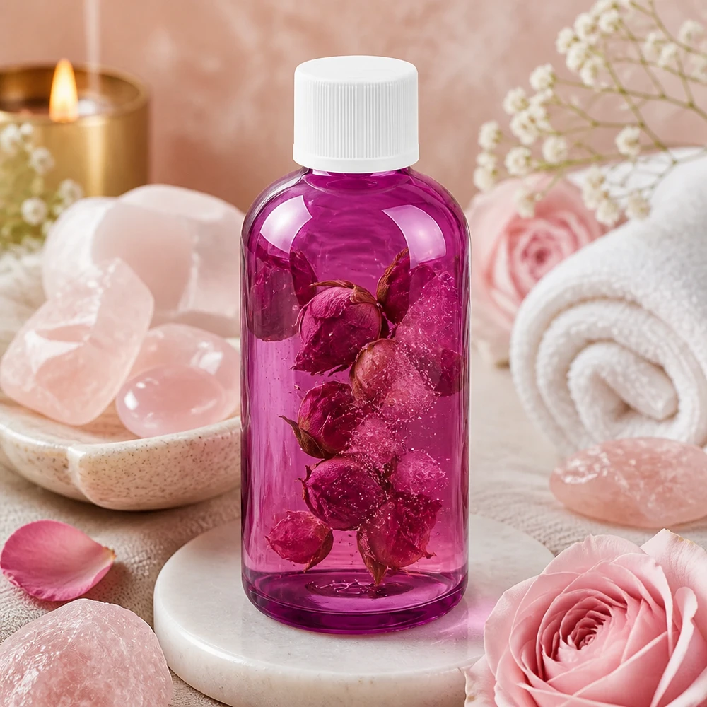 100ml kosmetiikkapullo, valmistettu korkealaatuisesta muovista, läpinäkyvä violetti, jossa on tukeva valkoinen kansi.