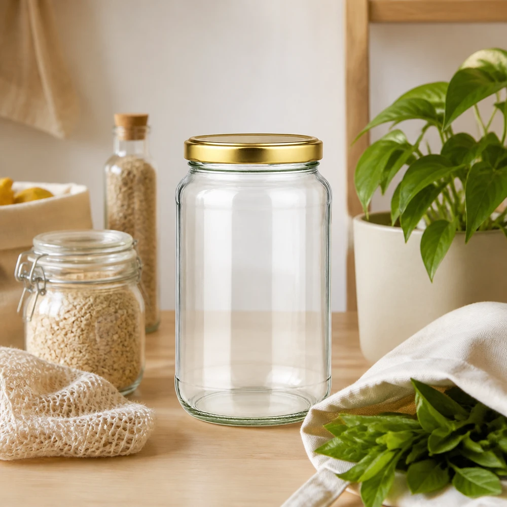 1700ml Rundglas BasicSeal gold in nachhaltiger Zero-Waste Küche mit Vorratsgläsern und frischen Kräutern