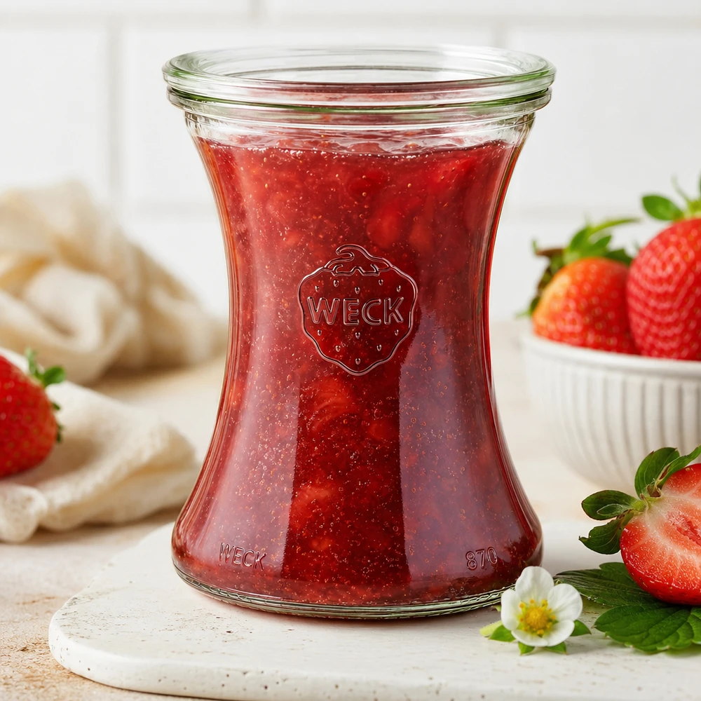 WECK herkkupurkki 370ml RR80 kotitekoisella mansikkahillolla marmorilaudalla tuoreiden mansikoiden ympäröimänä.