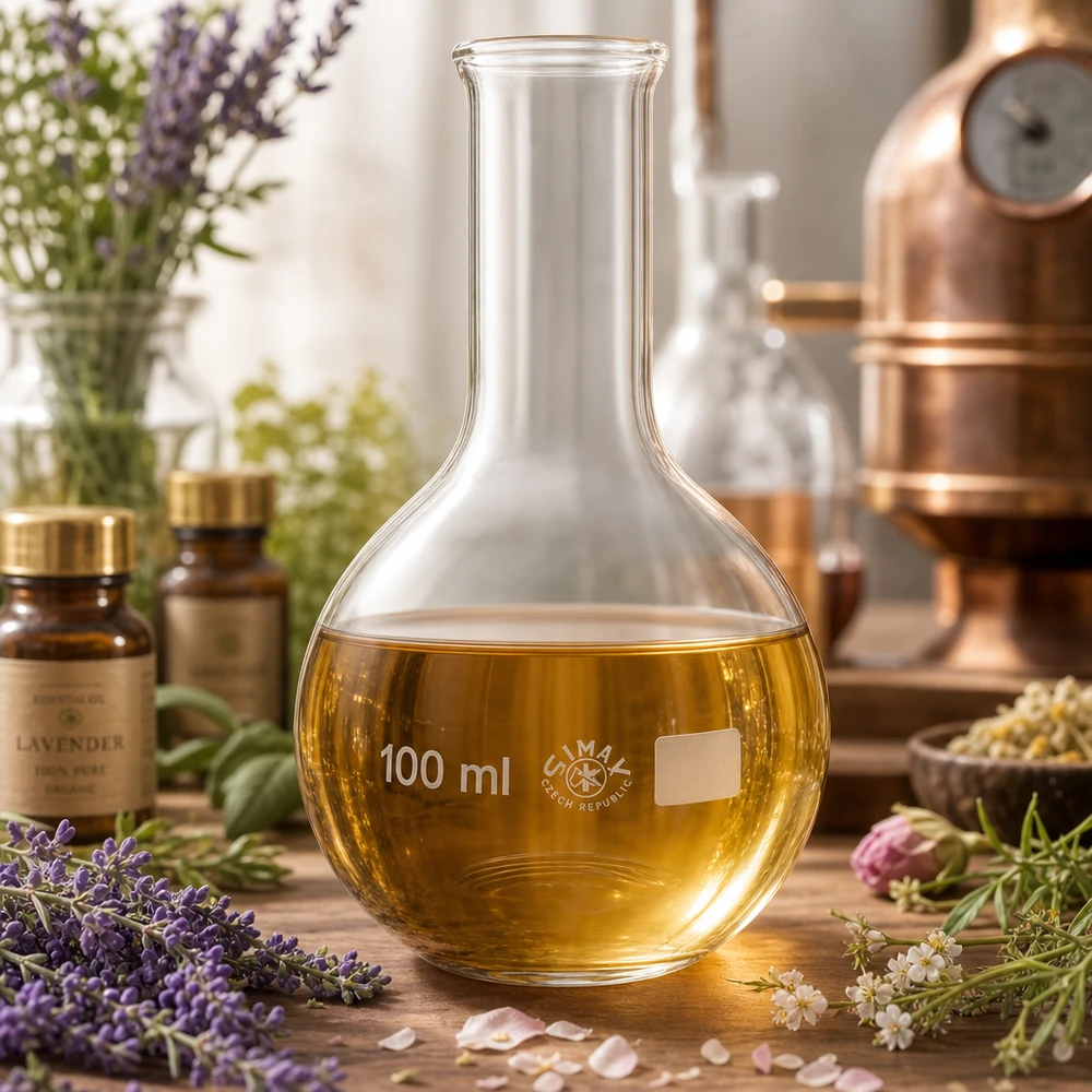 Kapeakaulainen pullo 100ml läpinäkyvästä lasista, jossa on kullanväristä nestettä kasvitieteellisessä laboratorioympäristössä.