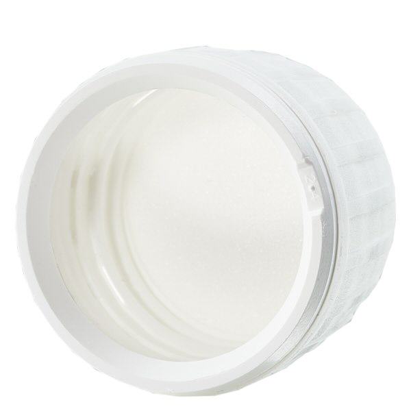 Kierrekorkki valkoinen EPE-tiivisteellä, jossa on peukaloinnin estävä rengas PP28 ApoGlas