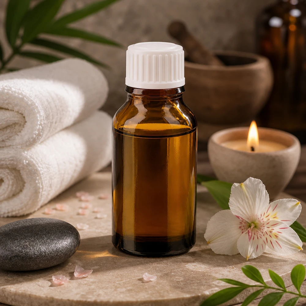 Apteekkipullo ruskea 30ml kierrekorkki valkoinen standardi Eteerinen öljy ruskeassa 30 ml:n apteekkipullossa, jossa on valkoinen korkki, spa-kivipohjalla
