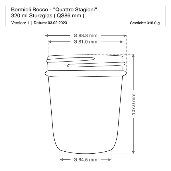 3800ml pyöreä purkki "Quattro Stagioni", jossa on kansi. Tekninen piirustus Bormioli Rocco Quattro Stagioni 320ml säilöntätölkki, mitat ja tekniset tiedot Tuotetiedot Tuotetiedot