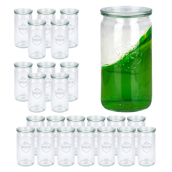 Setti 24 Weckin 340ml sylinteripurkkia, joissa on 24 lasikantta. Setti 24 Weckin 340ml sylinteripurkkia, joissa on 24 lasikantta.
