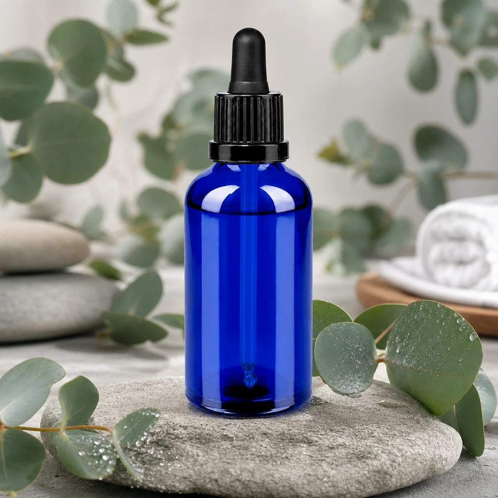 Elegantti 50ml pipettipullo kuninkaansinisessä värissä - täydellinen kosmetiikkaan ja aromaterapiaan.