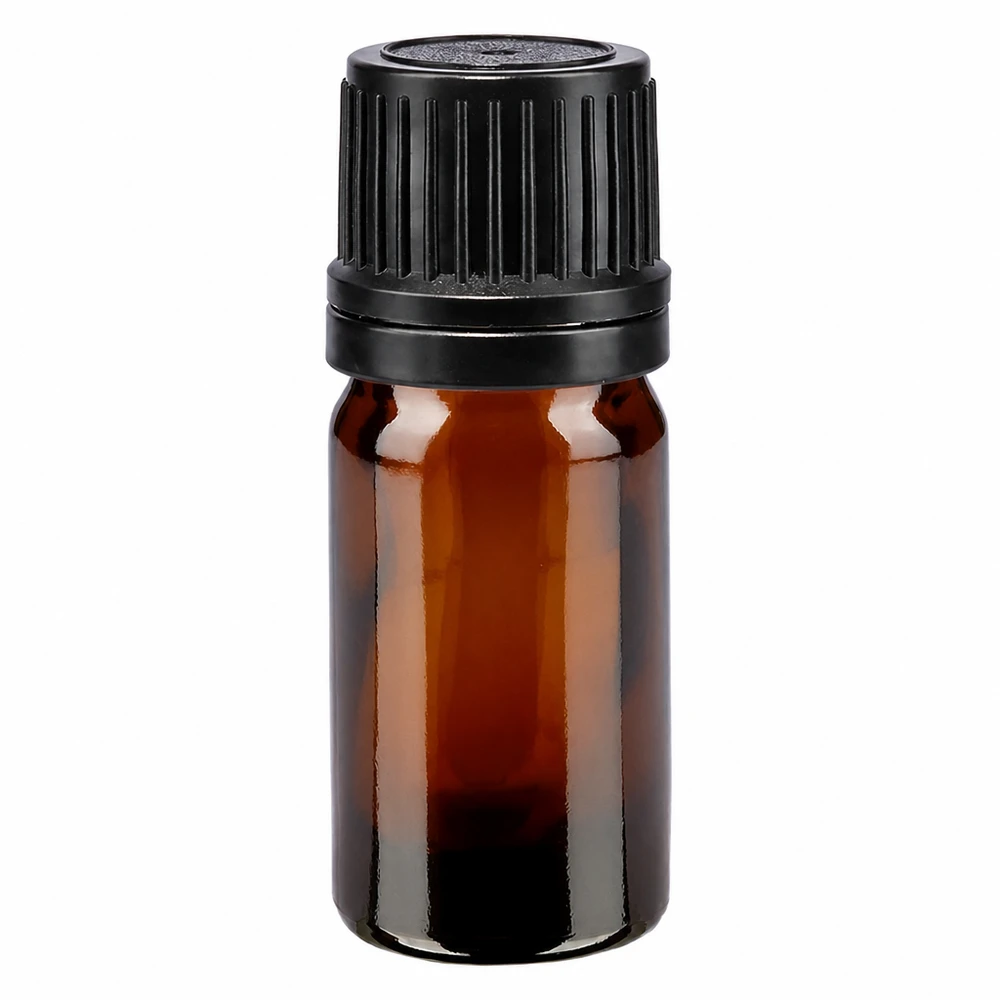 5 ml:n ruskea lasipullo, jossa on musta OV-korkki, 8 mm, apteekkilaatua