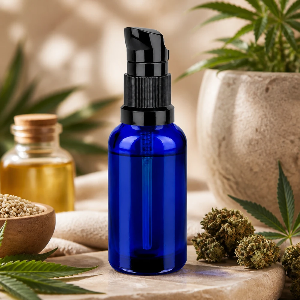 30ml lasipullo, jossa on BlueLine-pumppuannostelija öljyjen ja esanssien helppoa levittämistä varten.