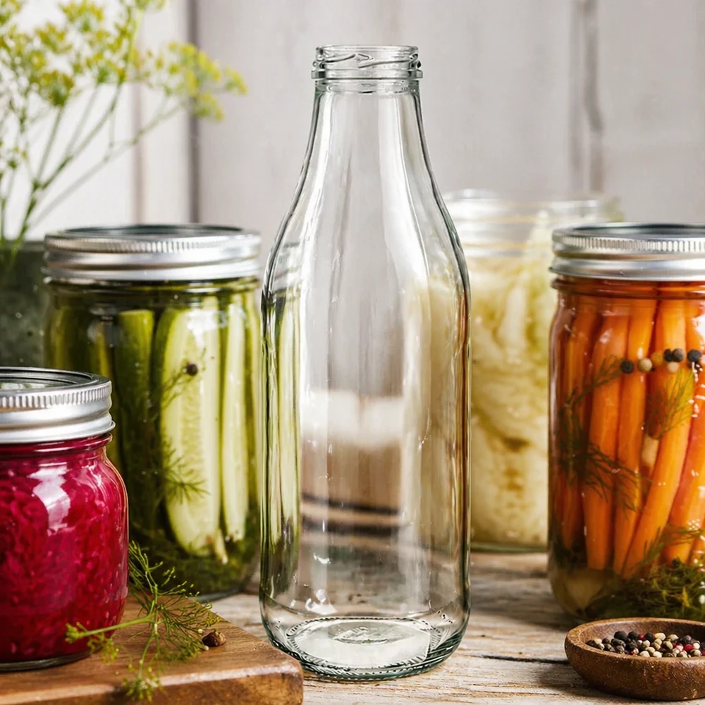 1000ml lasipullo ilman kantta (TO48) UNiTWIST 1000ml lasipullo TO48 UNiTWIST ilman kantta säilöntäpurkkien välissä säilöttyjen vihannesten kanssa Keittiö maisema Säilytys