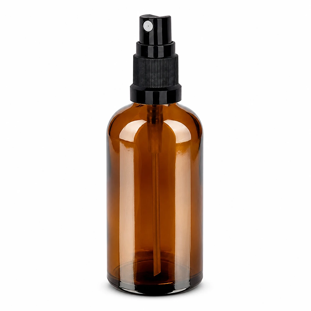 100ml suihkepullo musta vakiokorkki BrownLine UT18/100 100ml suihkepullo ruskea mustalla pumppusumuttimella kosmetiikkaan ja aromaterapiaan.