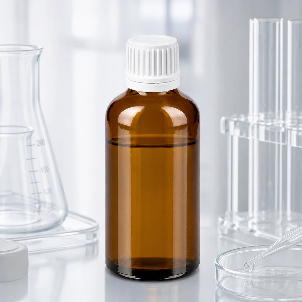 50ml pullo 11mm ruuvikorkki valkoinen väärentämisvarma sulkeminen BrownLine UT18/50 50 ml:n laboratoriopullo, joka on valmistettu UV-suojatusta meripihkalasista ja jossa on valkoinen korkki kemikaaleja varten.
