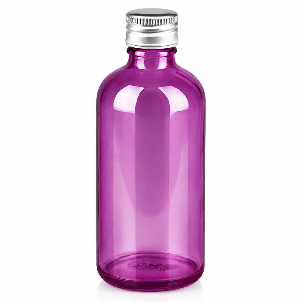 100ml pullo. 11mm ruuvikorkki alumiini-hopea vakio PurpleLine. UT18/100 100ml lasipullo alumiinikorkilla, kirkkaan violetti, kosmetiikkaan ja aromaterapiaan.