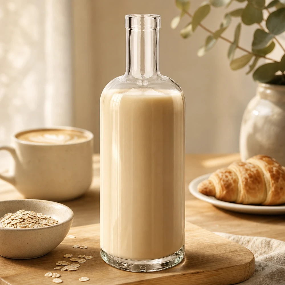 750ml Glasflasche "Attila" ohne Verschluss UNiTWIST® 750ml Emma-lasipullo täynnä beigeä kauramaitoa kahvikupin, croissantin ja kaurahiutaleiden vieressä puupöydällä.