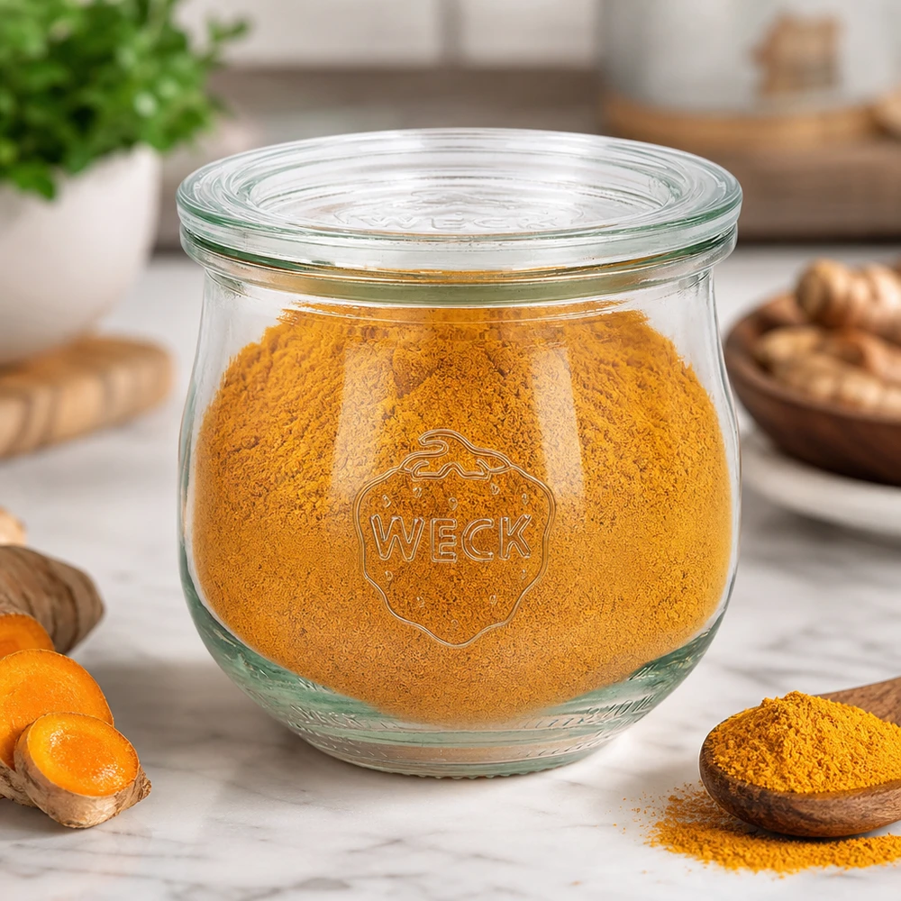 370ml tulppaanipurkki lasikannella WECK RR80 WECK tulppaanipurkki 370ml RR80 täynnä kurkumajauhetta keittiössä kurkumajuurien ja mausteiden vieressä puulautalla.