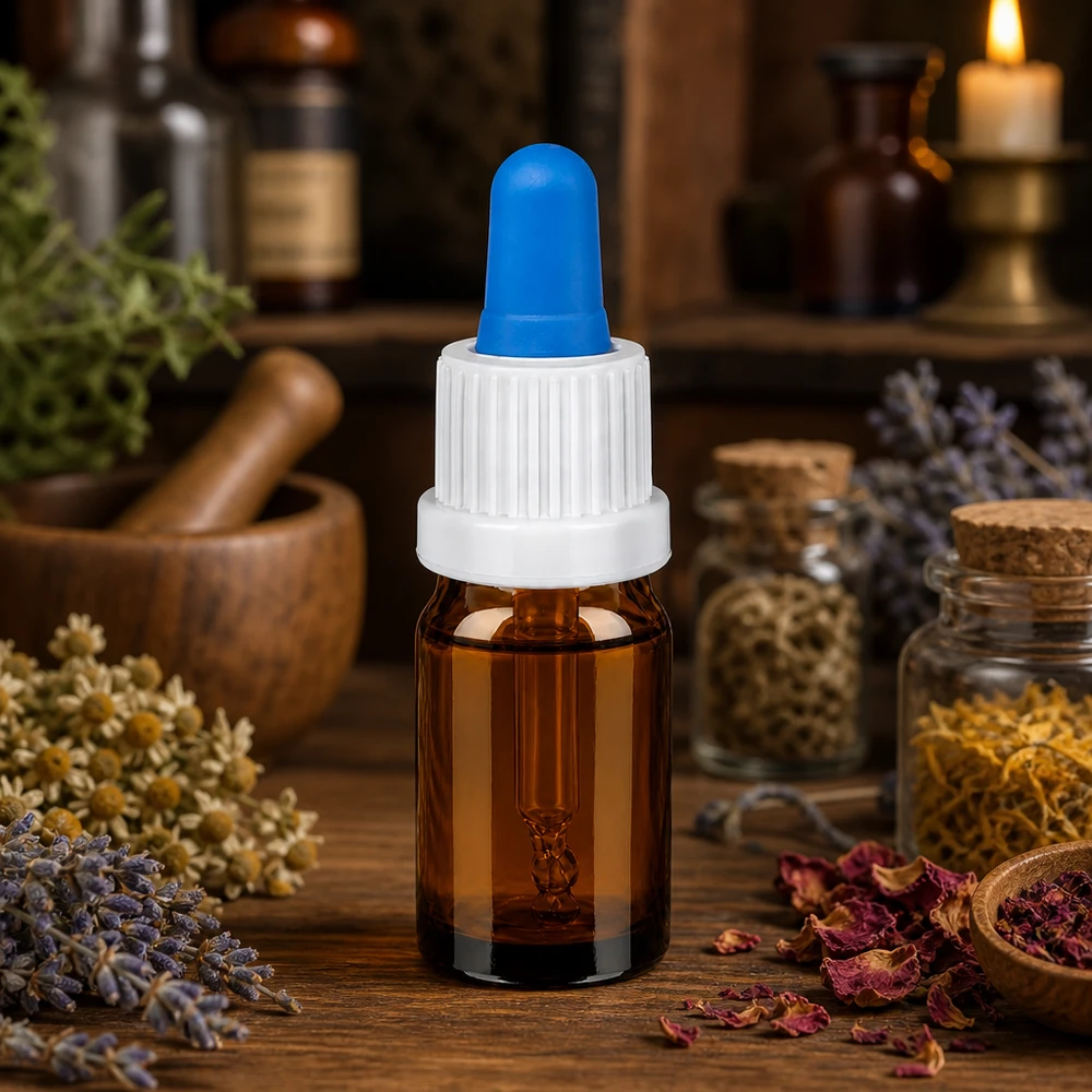 5ml pipettipullo valkoinen/sininen väärentämisen estävä sulkeminen BrownLine UT18/5 Laadukas pipettipullo 5ml UV-suojatusta meripihkalasista, jossa on ergonominen tippakorkki.