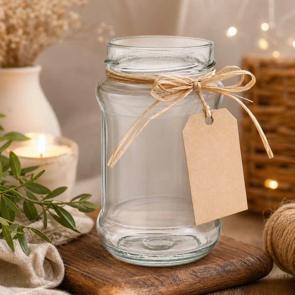 390ml pyöreä purkki ilman kantta (TO66syvä) UNiTWIST Leeres Rundglas 390ml mit Deckel und Schleifenband auf Holztisch - ideal für Marmelade Honig und Geschenke von Glas-Fabr