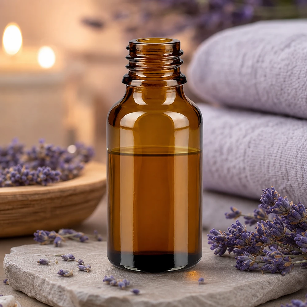 Tippapullo 30 ml DIN 18 ruskeankeltainen lasi LOW SHAPE 30ml ruskea lasipullo ApoGlas laventelin ja valkoisten pyyhkeiden kanssa rentouttavassa kylpyläilmapiirissä kynttilöiden kanssa.