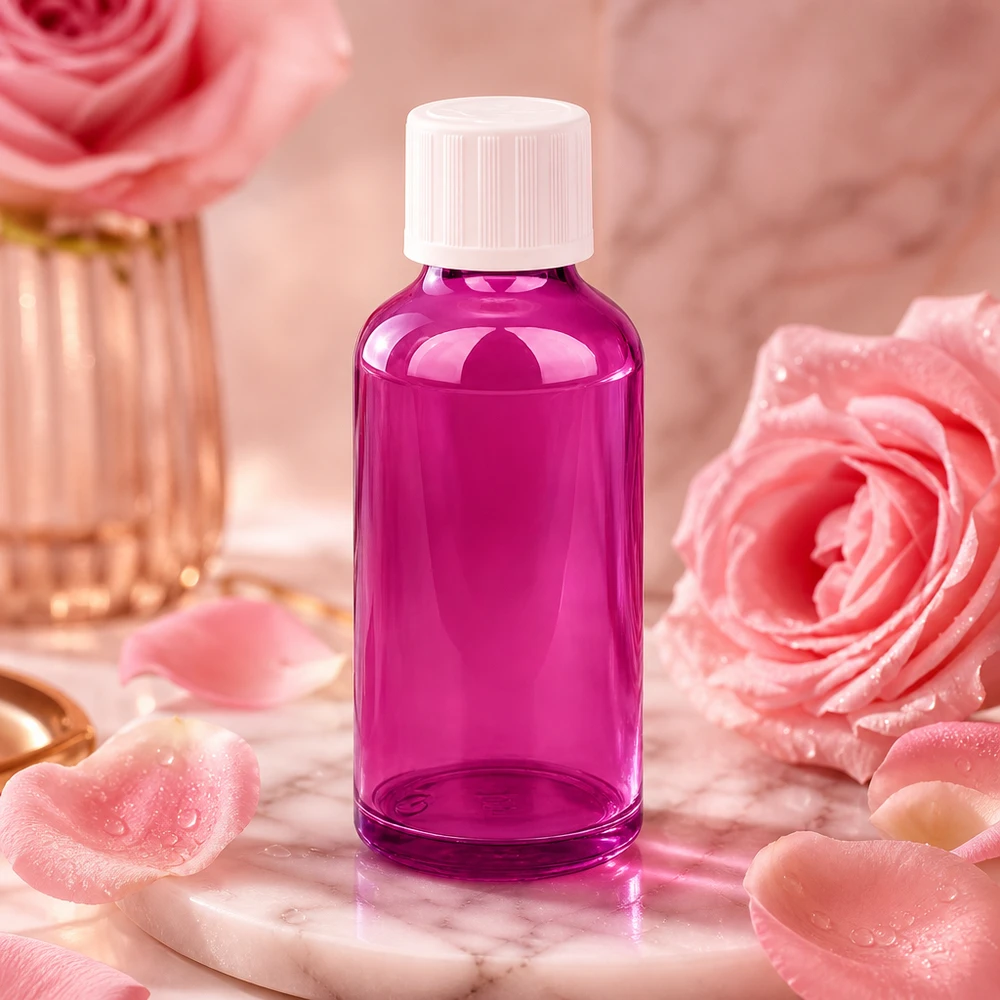 50ml tippapullo 1,2mm valkoinen Standard Child-resistant PurpleLine.UT18/50 lapsiturvallinen. Violetti tippapullo 50ml STD-korkilla - ihanteellinen eteerisille öljyille ja kosmetiikkatuotteille.
