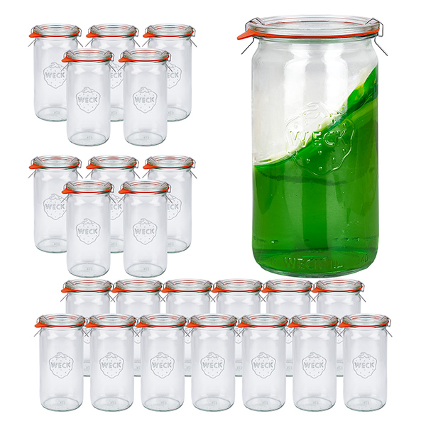 Setti 24 Weckin 340ml sylinteripurkkia, joissa on 24 lasikantta. Setti 24 Weckin 340ml sylinteripurkkia, joissa on 24 lasikantta.