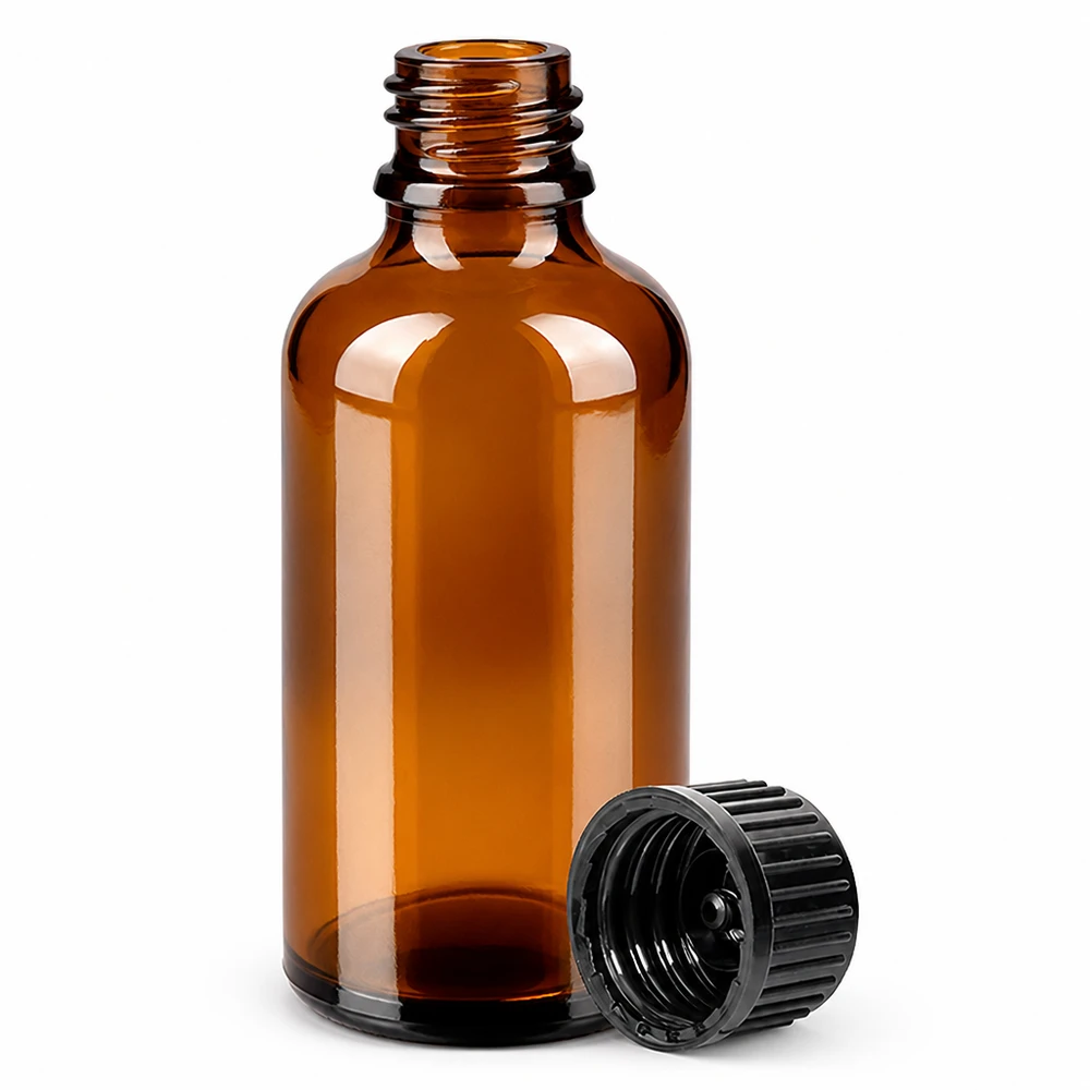50ml pullo 11mm kierrekorkki musta Standard BrownLine UT18/50 Standard BrownLine UT18/50 Ruskea 50ml lasipullo 11mm kierteellä ja mustalla korkilla aromaterapiaan ja apteekkiin.