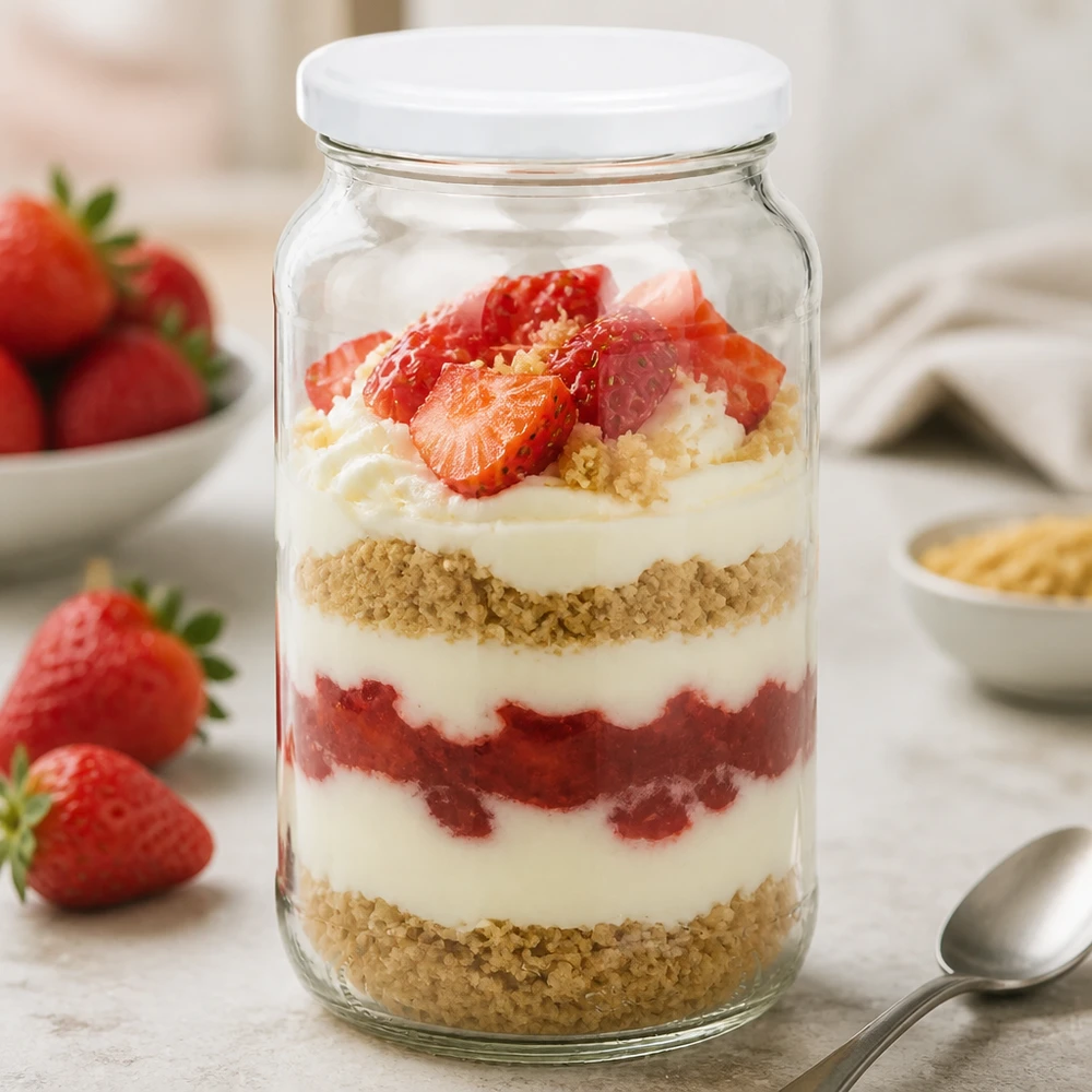 1062ml pyöreä purkki BasicSeal kansi valkoinen mansikka jälkiruoka kerrostettu jälkiruoka tiramisu purkki jälkiruoka säilytys purkki