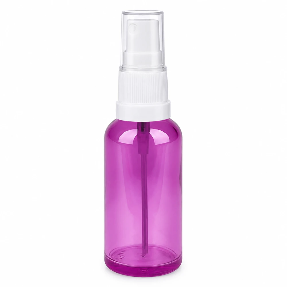 50ml suihkepullo violetti läpinäkyvä valkoinen pumppupää kosmetiikkaan ja hoitotuotteille