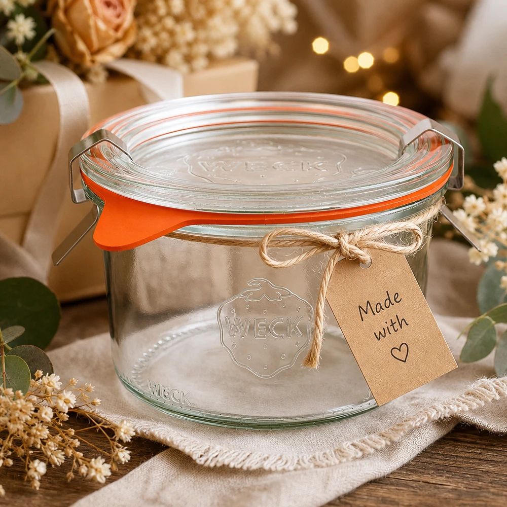 WECK 200ml RR80-maljat lahjaideana, koristeltu Made with Love -voimapaperilapulla ja kuivatuilla kukilla.