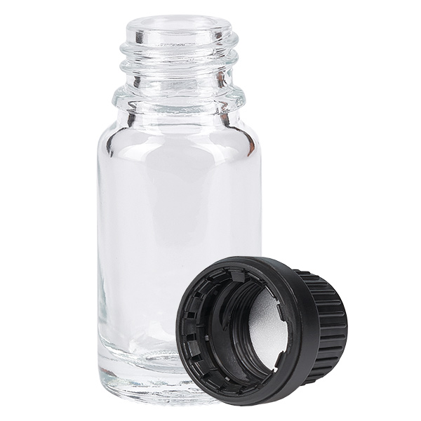 10ml pullo 11mm ruuvikorkki musta peukaloinnin estävä korkki ClearLine UT18/10 10ml pullo 11mm ruuvikorkki musta peukaloinnin estävä korkki ClearLine UT18/10