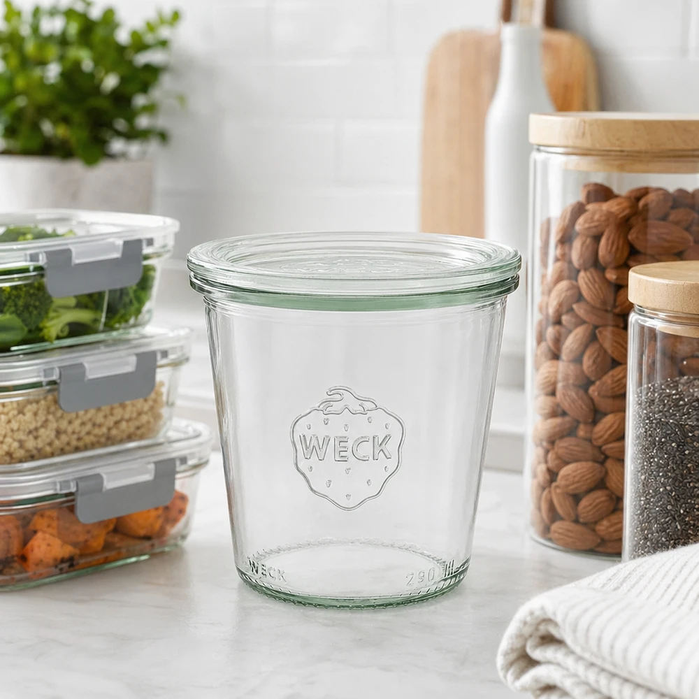 WECK tumblers 290ml RR80 modernissa keittiössä, jossa on säilytyspurkkeja pähkinöille ja elintarvikkeille.