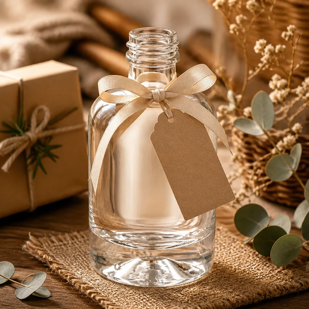40ml lasipullo Sara koristeltu rusetilla ja lahjatunnisteella ilman korkkia lahjoja varten.