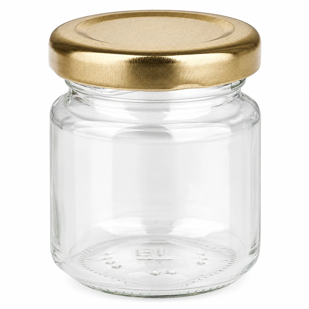 53ml pyöreä purkki, jossa on BasicSeal-kansi kultainen UNiTWIST 53ml pyöreä purkki kultaisella BasicSeal-kannella UNiTWIST - tyhjä hillopurkki kirkkaasta lasista.