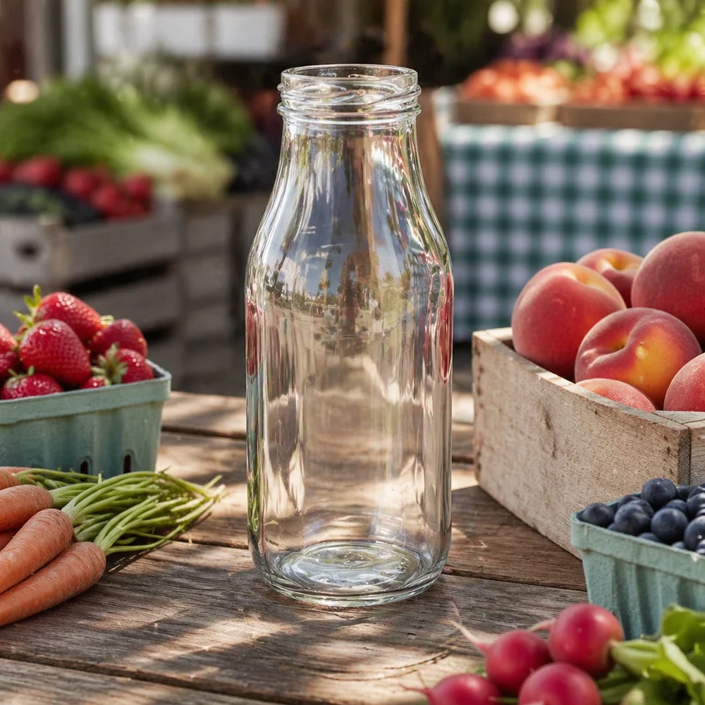 Leere Glasflasche 263ml auf Holztisch mit frischem Obst und Gemüse - ideal für Säfte Smoothies und Getränke