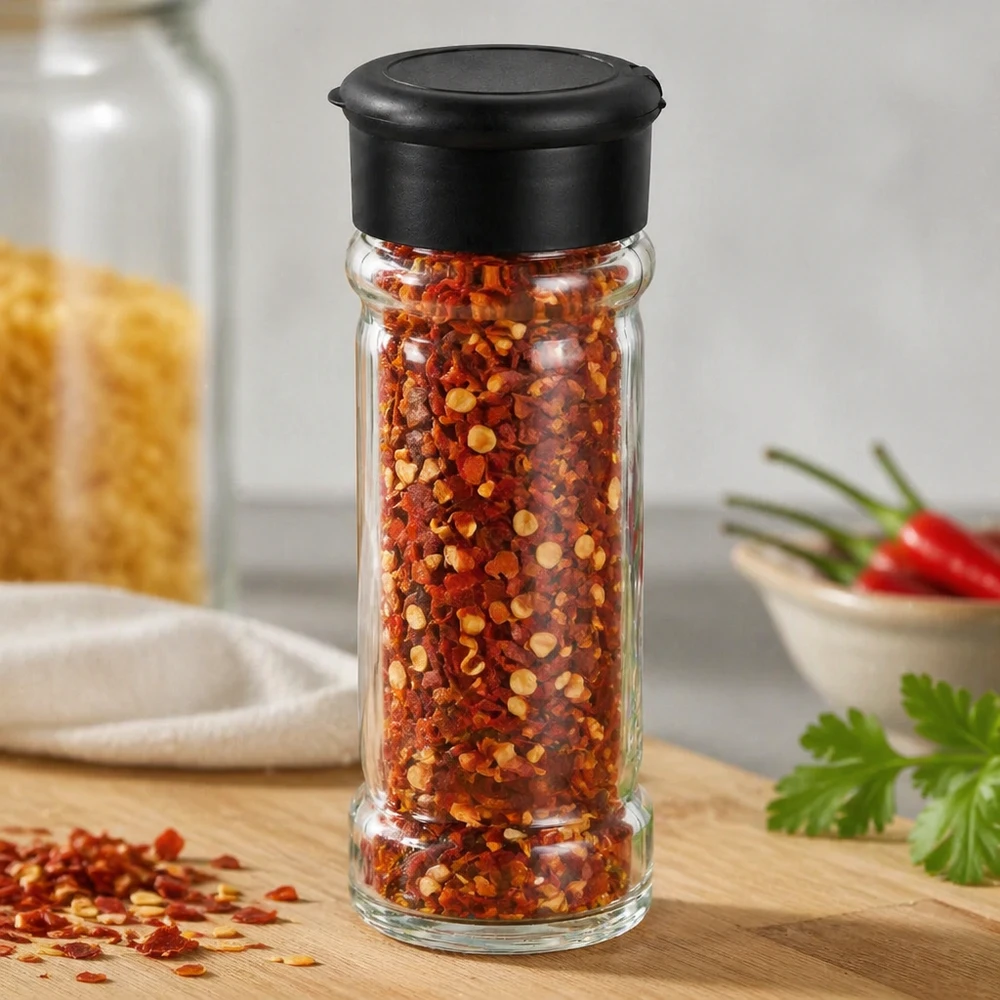 Suola-/maustepurkki 100 ml, musta, ripottimella 100 ml:n chilihiutalepurkki, jossa on musta ripottelukansi, puulevyllä tuoreiden chilipaprikoiden vieressä