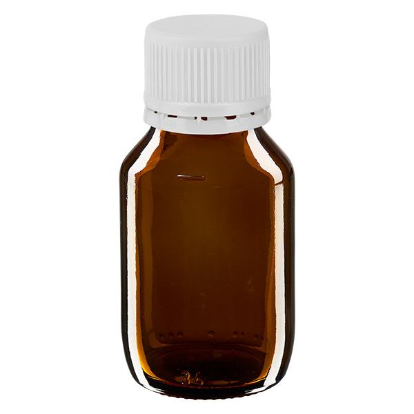 50ml lääkepullo ruskea, valkoinen korkki, jossa on peukalointitunnistusrengas ApoGlas 50ml lääkepullo ruskea, valkoinen korkki, jossa on peukalointitunnistusrengas ApoGlas
