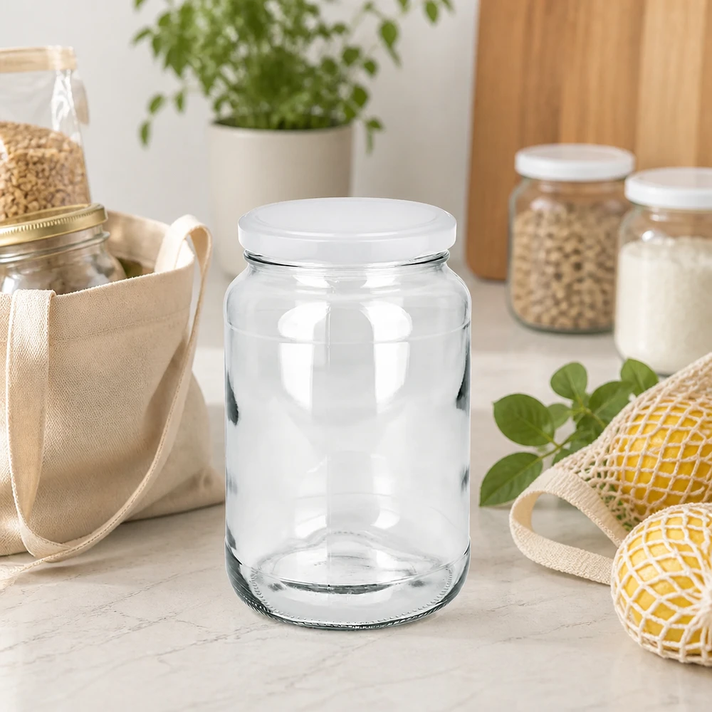 1700ml pyöreä lasipurkki BasicSeal-kannella valkoinen UNiTWIST 1700ml pyöreä purkki BasicSeal-kannella kestävässä nollajätekeittiössä, jossa on verkkopussit ja säilytyspurkit.
