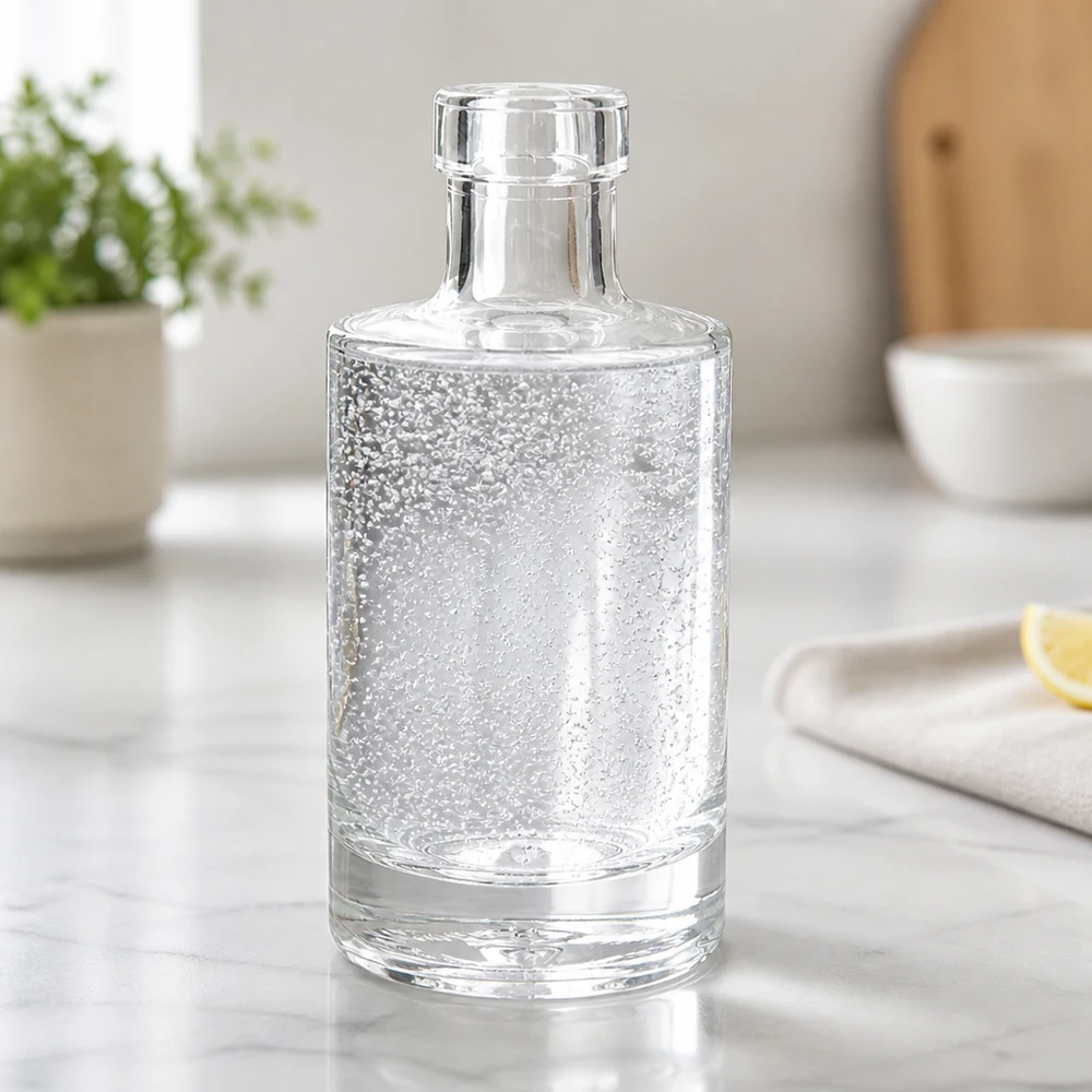 200ml lasipullo Marie täynnä kuohuvaa vettä marmori tiskillä moderni keittiö vesipullo elämäntapa maisema