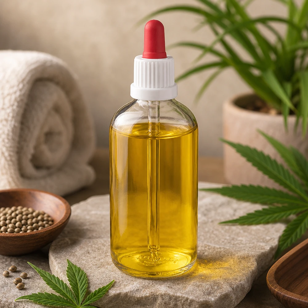 CBD-öljypipettipullo, 100 ml, kirkas lasi, punaisella tiputtimella, luonnonkosmetiikkaan ja aromaterapiaan