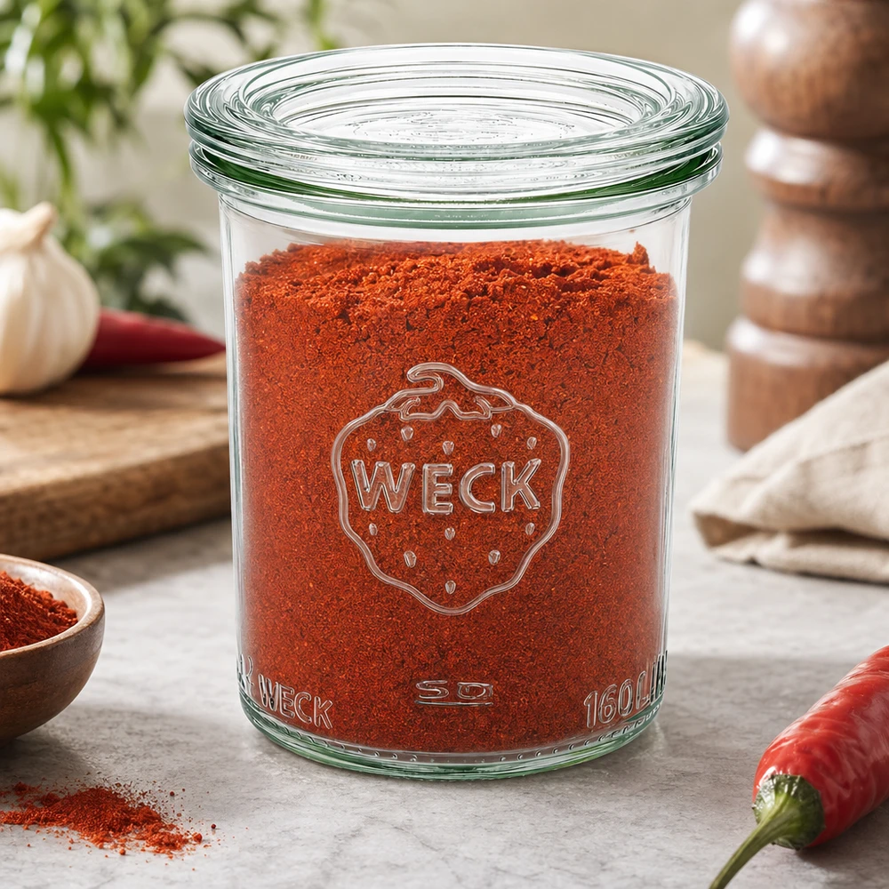 WECK 160ml RR60-purkki täynnä punaista paprikajauhetta keittiössä chilin, valkosipulin ja maustemyllyn kanssa.